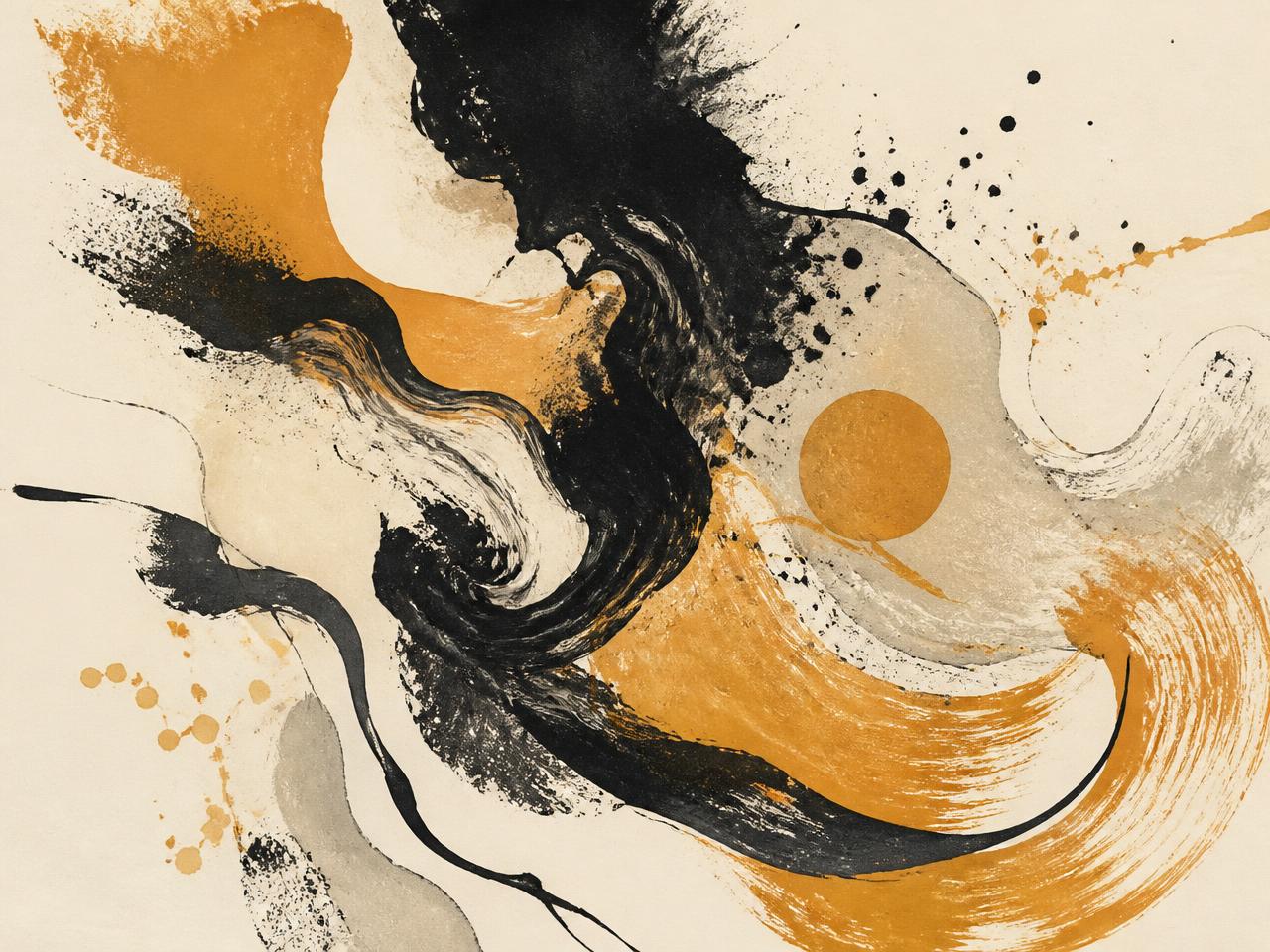 Encres noires et taches ocre sur papier crème, illustration abstraite du geste créatif